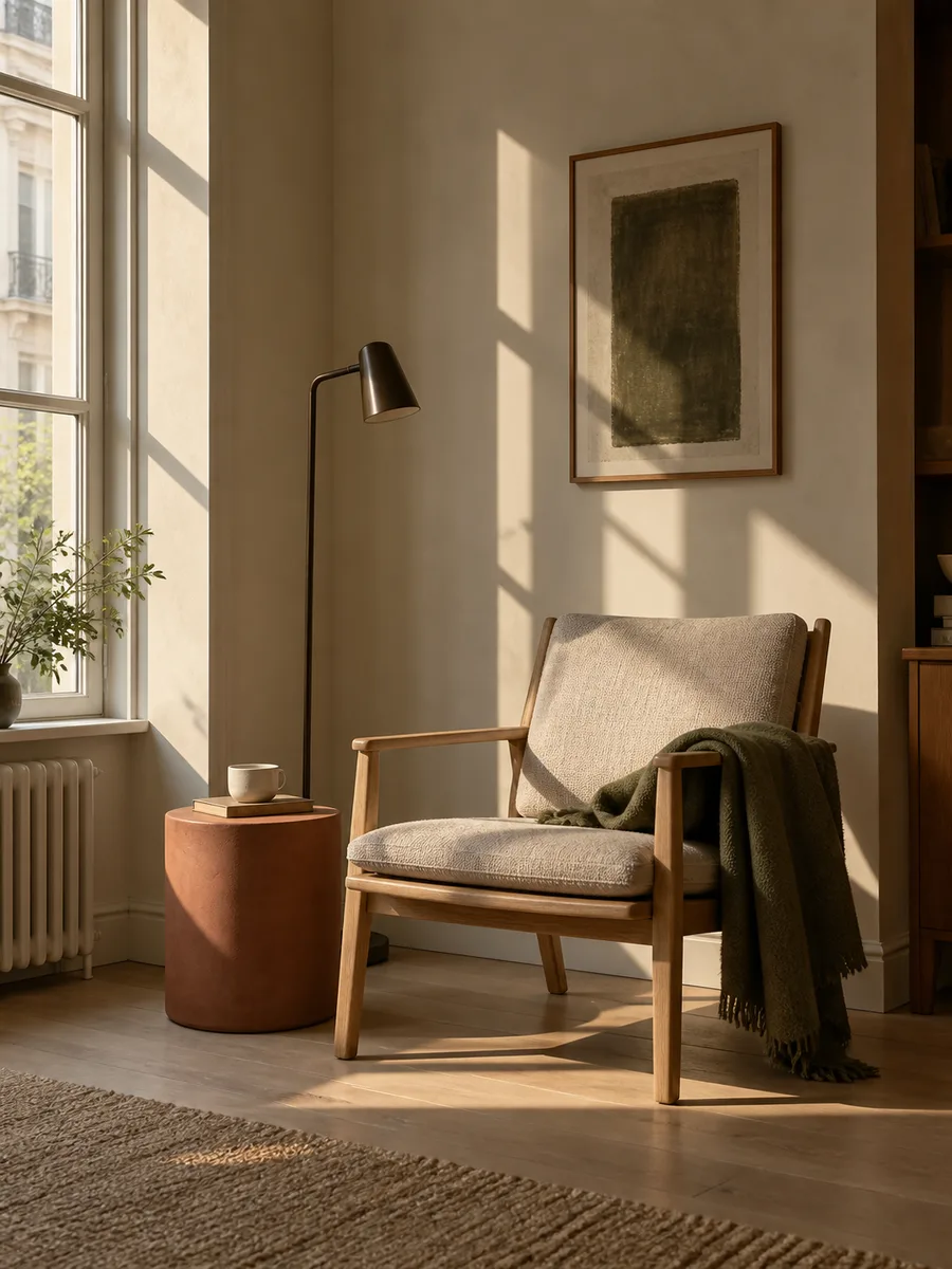 A reading corner with an armchair, a small side table and a floor lamp beside a window.